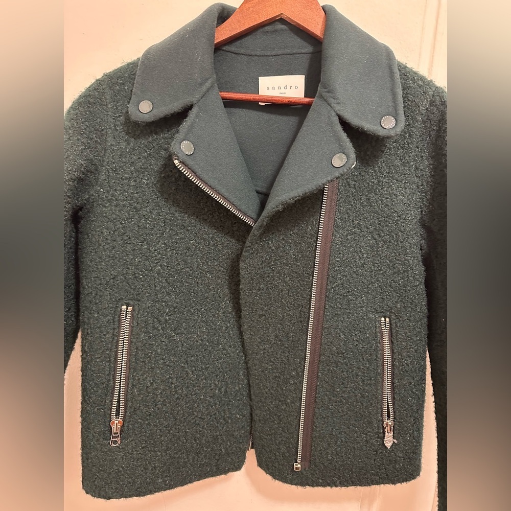 Sandro Paris Wool Moto Green Jacket Coat - Picture 9 of 16